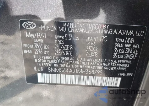 2021 Hyundai Santa Fe Sel из США, поврежденный, VIN 5NMS64AJ1MH368795